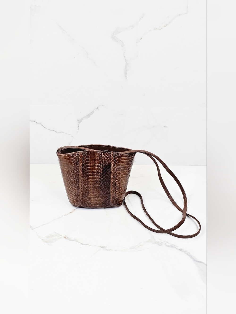 Vintage Neiman Marcus Brown Snakeskin Leather Crossbody Bucket Bag Mini Purse